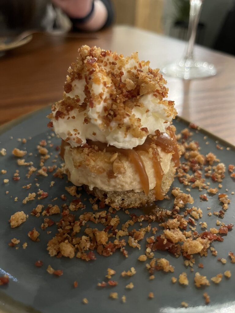 banana cake with cream and caramel with bacon bits at coarse durham