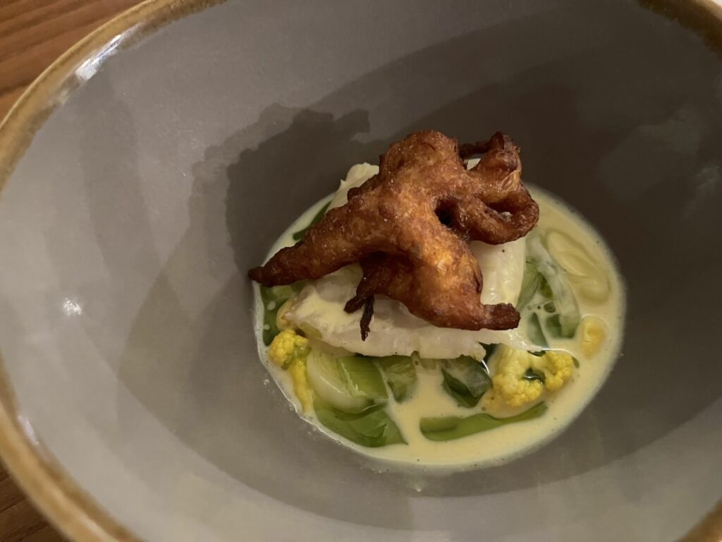 smoked haddock, cauliflower and cream with shallot bhaji at coarse durham